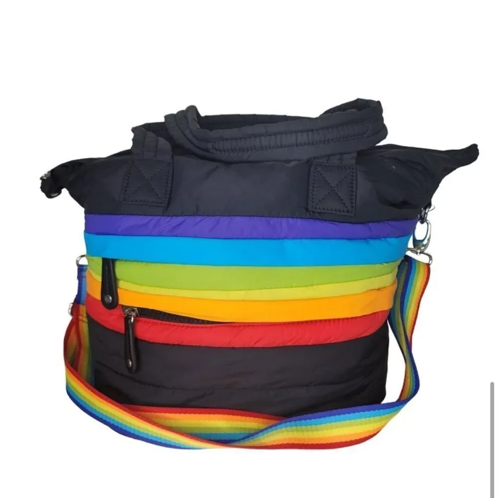 Sondra Roberts squared black rainbow puffer tote bag